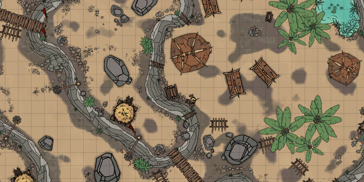 An overhead view of a barbarian camp in a desert oasis